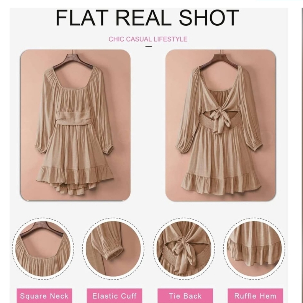 NWT A-Line S Tan Backless Tie Back Dress Lantern Sleeves Ruffle AP-1351